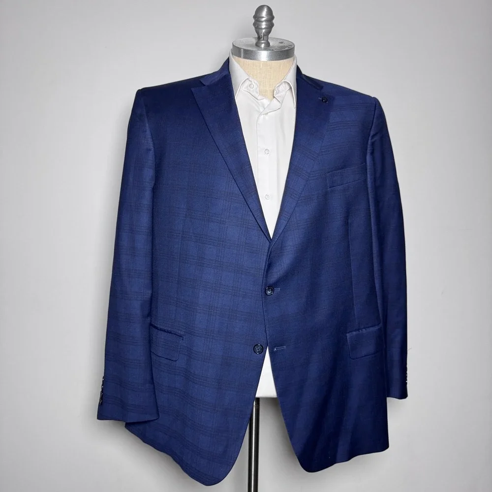 Hart Schaffner Marx Blazer Mens 52R Blue Plaid Chicago Fit Wool 2-Button Jacket